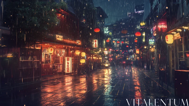 Rain-soaked neon alley reflects lantern-lit storefronts at night