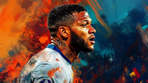 Side profile of footballer in abstract color portrait.