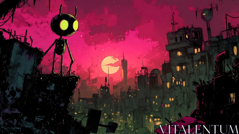 Neon-eyed robot overlooking dystopian cyberpunk cityscape.