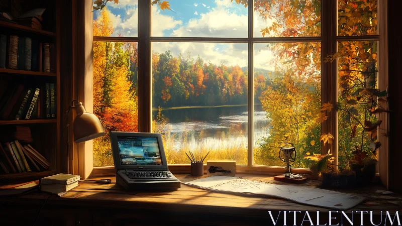 Laptop-lit autumn studio quietly converses with the lake