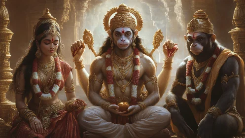 Divine Hanuman triad in ornate golden temple interior.