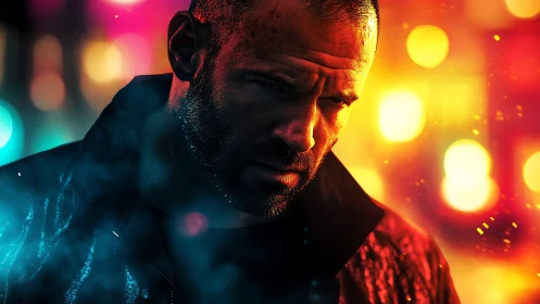 Moody bald man in neon city lights at night portrait.