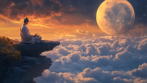 Moonlit meditation above the clouds in golden twilight.