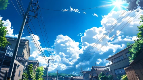 Sunny suburban street under vivid blue summer sky.