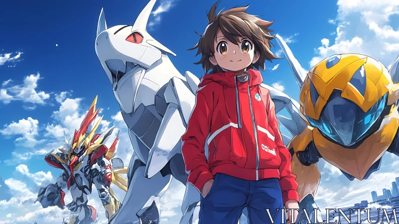 Young hero and loyal mecha friends under a bright blue sky.