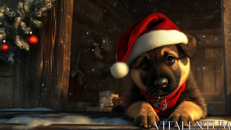 Rendered puppy in Santa hat rests at snowy wooden windowsill