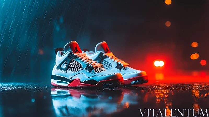High-contrast sneakers glow on wet neon-lit city street.