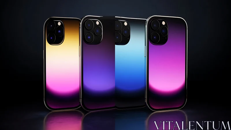 3D gradient smartphones in reflective studio product arrangement.