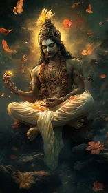 Luminous mystic in lotus calm amid swirling petals of dusk.