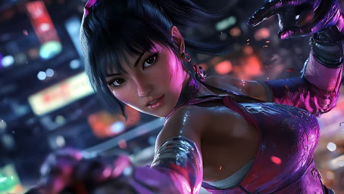 Neon-lit martial artist heroine in dynamic close combat pose