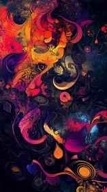 Fractal fluid dynamics of neon organic swirls on black field