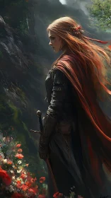 Scarlet cloaked warrior pauses in a stormlit wildflower pass.