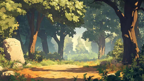 Sunlit Forest Pathway Through Ancient Trees Bathed in Golden Light