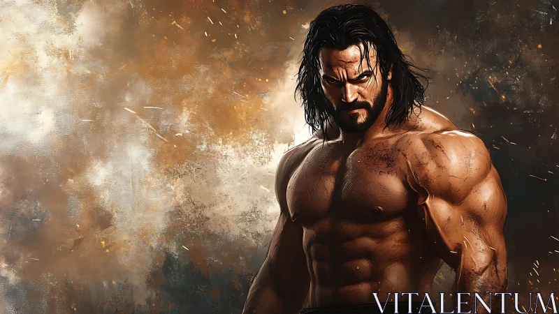 Muscular warrior portrait with dynamic painterly lighting field.