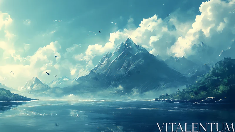 Atmospheric alpine massif above specular glacial waterway.