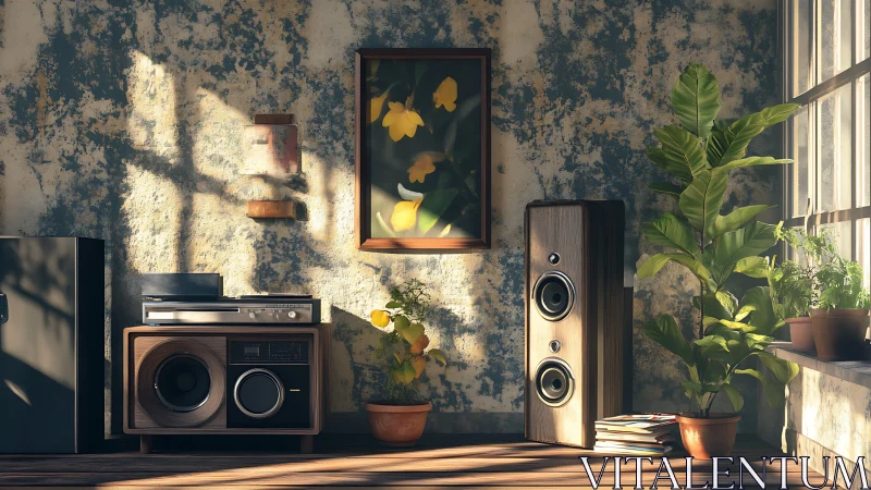 Sunlit vintage music corner wrapped in plants and warmth.