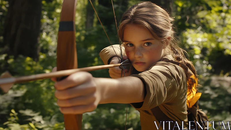 Youth archer in forest, dynamic shallow-depth targeting study.