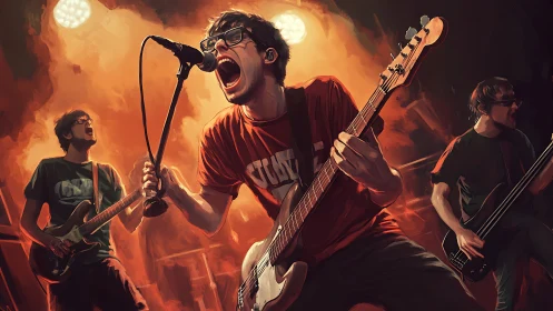 Dynamic digital painting of indie rock trio in stage eruption.