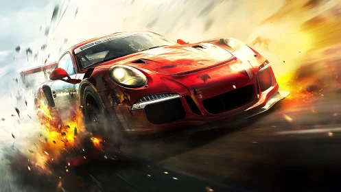 Red race car storms through fire and debris in blazing motion