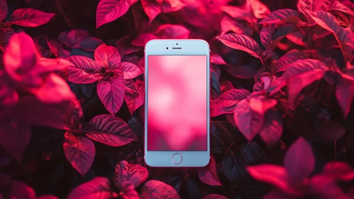 White iPhone Against Neon Pink Foliage.