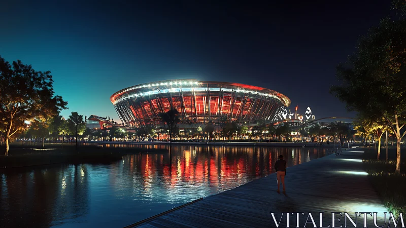 Nighttime stadium exterior is illuminated and reflected in water