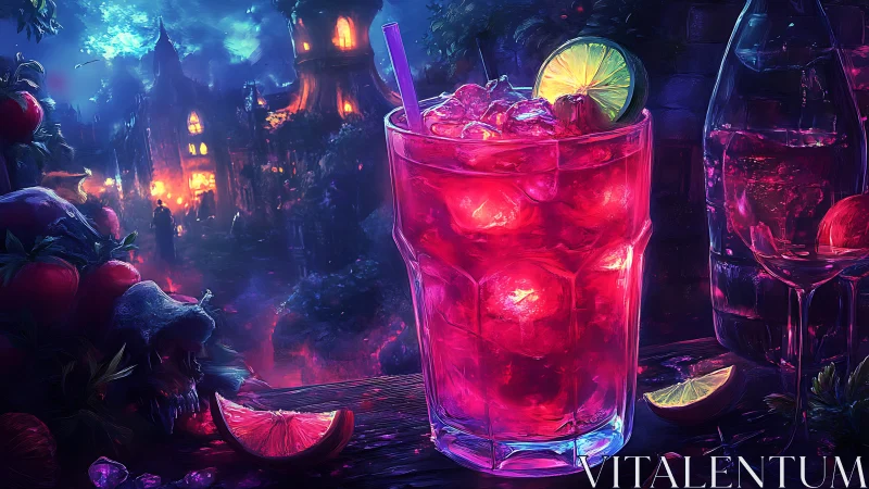 Neon glowing cocktail in cyberpunk fantasy cityscape