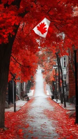 Urban street in autumn with Canadian flag overhead.