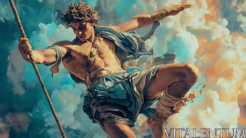 Mythic sky warrior leaping through radiant storm clouds.