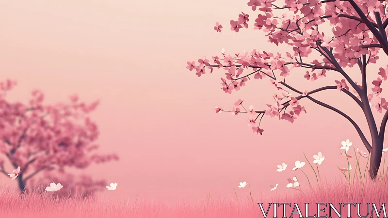 Minimal cherry trees and butterflies in pink landscape scene.