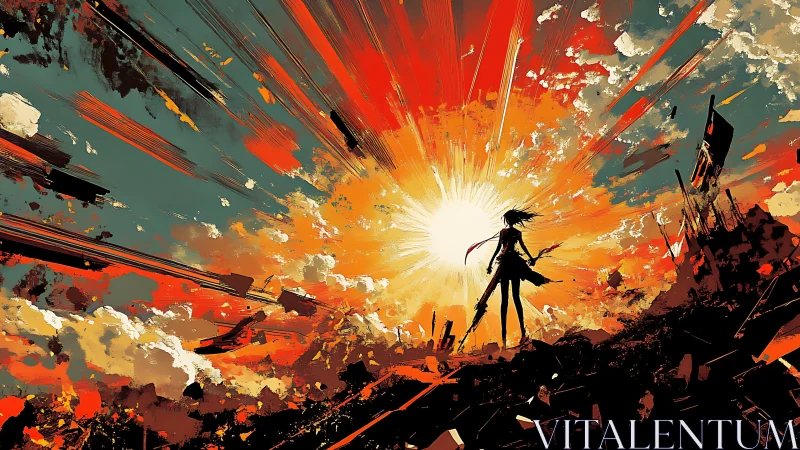 Silhouetted figure before radiant sun over fractured terrain.