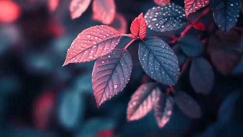 Macro foliage with dew in cyan-magenta bicolor lighting