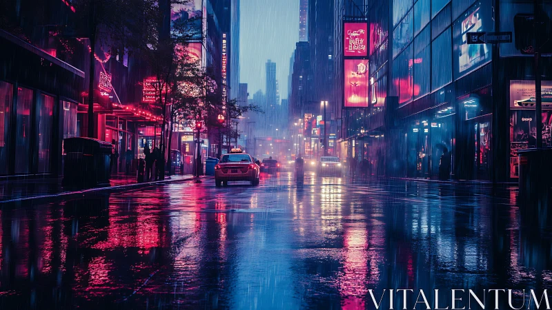 Neon city street glows softly in the rainwashed evening light
