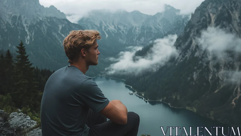 Man sitting above misty mountain lake, looking out.