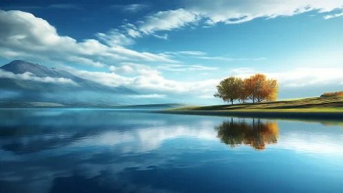 High dynamic range lakeside panorama with autumn trees and peaks.