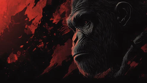 Stoic ape in crimson storm, painted with quiet intensity.