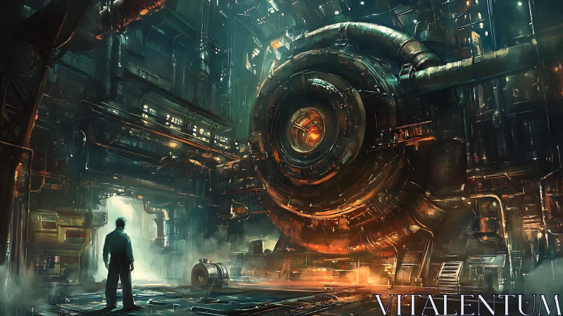 Engineer confronting colossal reactor core in industrial vault