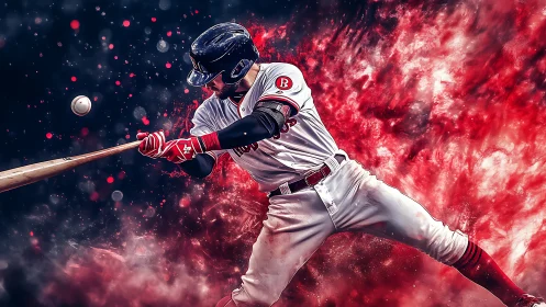 Baseball batter mid swing with abstract red particle field.