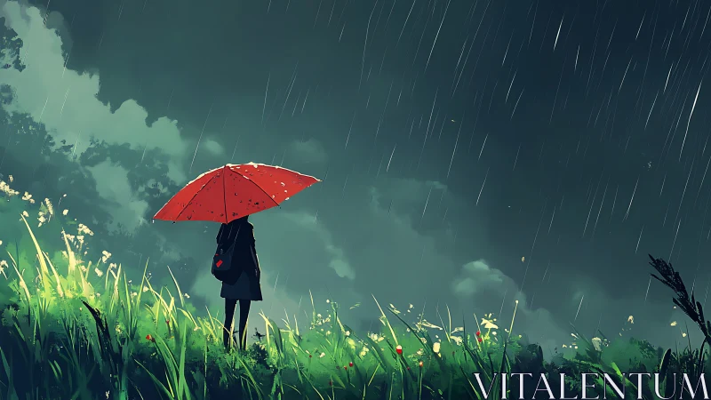 Figure with red umbrella stands on grassy slope in heavy rain