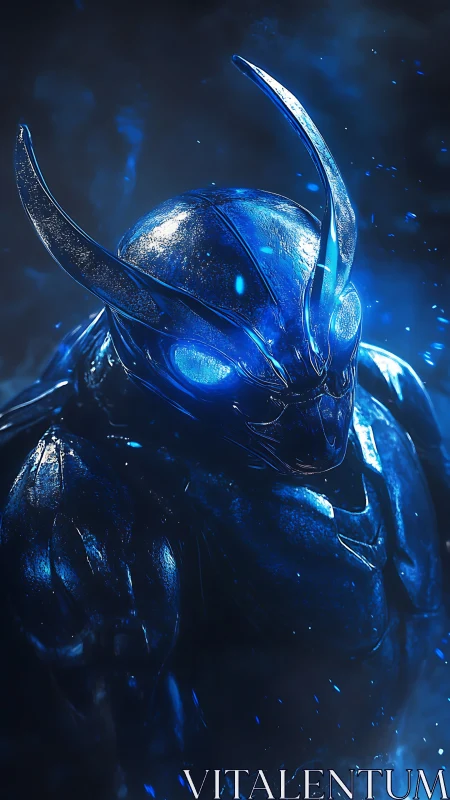 Blue void sentinel in gleaming insectoid battle armor.