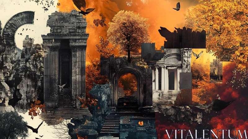 Ancient ruins dissolving into fiery autumn skies collage.
