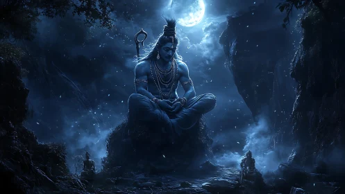 Divine blue yogi meditating under luminous moonlit sky.