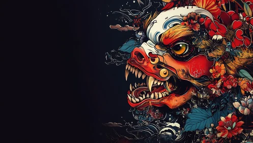 Fierce floral dragon head erupts from darkness in vivid color