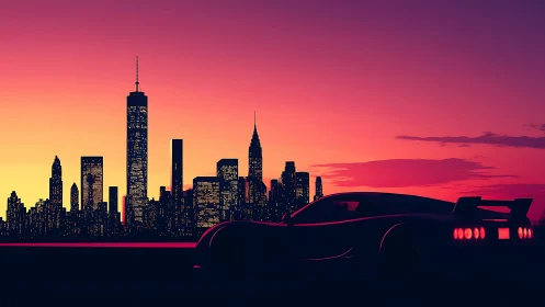 Neon dusk lets a lone supercar stalk the glowing skyline