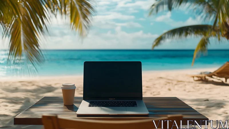 Cozy beach workspace with laptop, coffee, and ocean views.