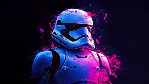 Helmeted sci‑fi armor figure in pink and blue lighting.