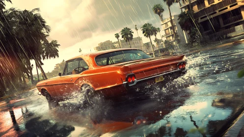 Orange classic car skids through rainy palm-lined street