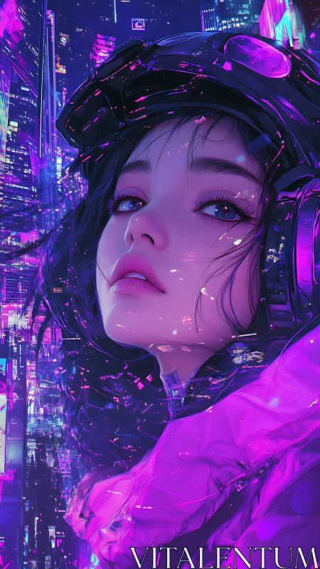Neon-lit cyber girl gazes over a holographic city skyline.
