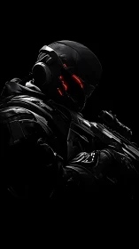Cyber soldier silhouette with glowing red visor in darkness.
