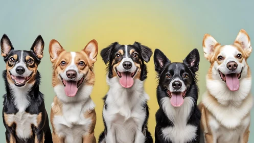 Sunshine tongue-out dog squad lined in joyful symmetry.