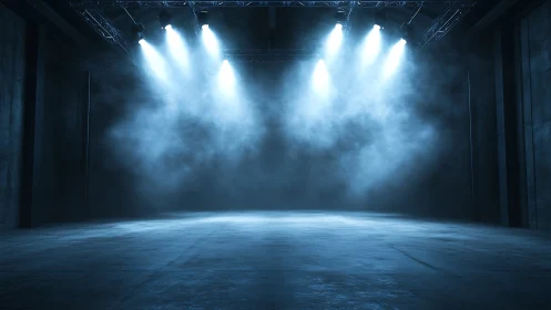 Empty industrial stage under blue spotlights at night.